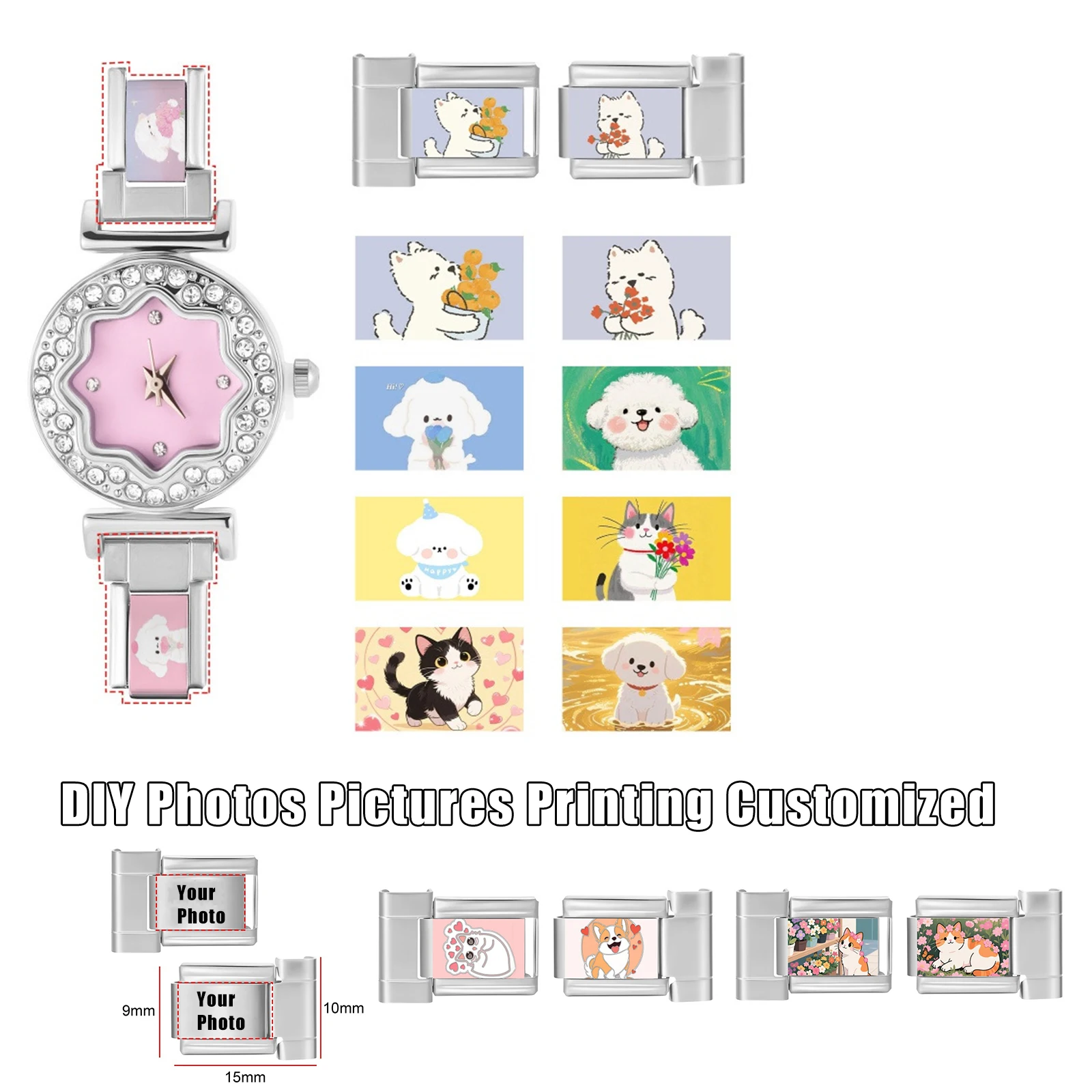 Photo Picture Personalized Customized Watch Strap Connector Accessories Italian Charm Links DIY Making Stainless Steel Jewelry