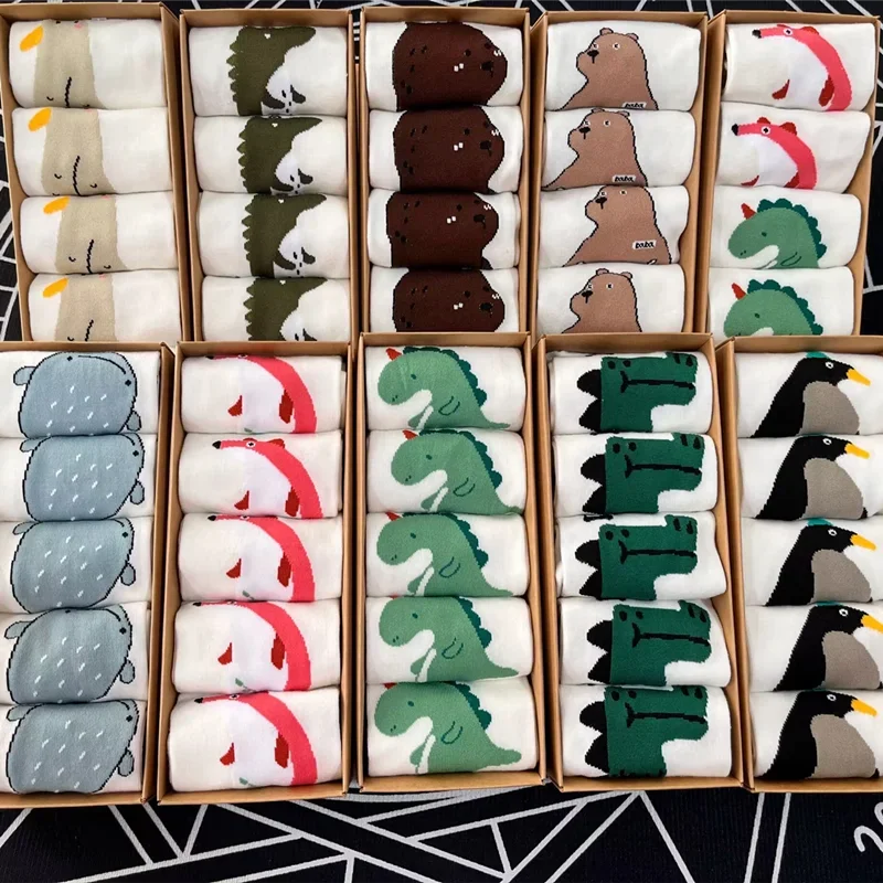 5 pairs of gift boxes, cartoon animal socks, funny dinosaur fox penguin bear kawaii female socks, Korean female cute socks