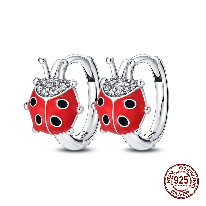 

100% стерлингового серебра 925 пробы, красочные красные серьги-кольца с божьей коровкой для женщин, модные ювелирные изделия на день рождения, подарки