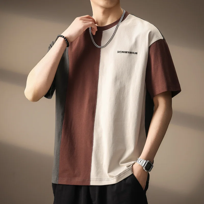 High end splicing color blocking design short sleeved T-shirt men's summer new style American retro heavyweight loose top