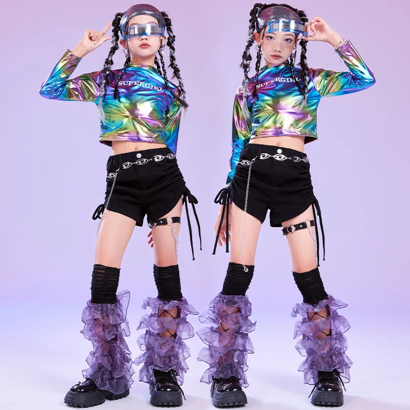 

Kid Hip Hop Clothing Laser Purple Blue Crop Top Long Sleeve T Shirt Black Drawstring Shorts for Girl Jazz Dance Costumes Clothes