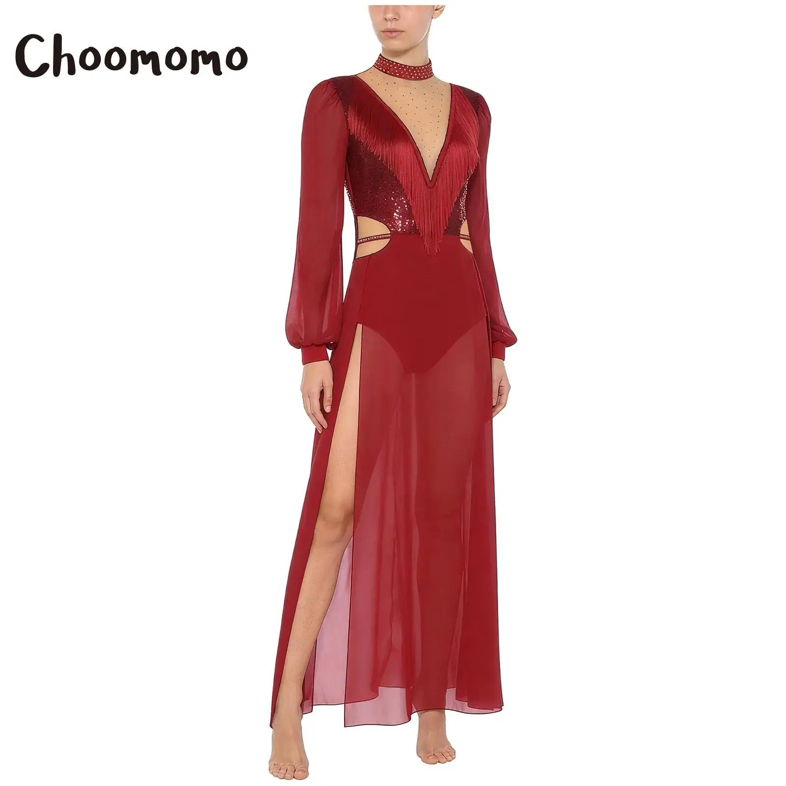 

Женское платье с бахромой для танца живота, блестящее боди с блестками и кисточками, боди с длинными рукавами и разрезом, шифоновое платье макси, бальное платье для латинской румбы, танцевальная одежда