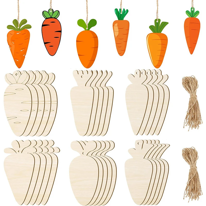 12pcs Easter Wooden Carrots Hanging Ornaments Kids Painting Crafts Pendant for Easter Party Home Decoration DIY Wreath Supplies