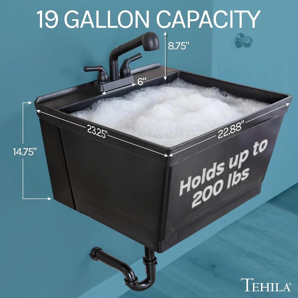 Wall-Mounted Utility Sink Tub Kit with Pullout Faucet for Laundry, Garage, Workshop