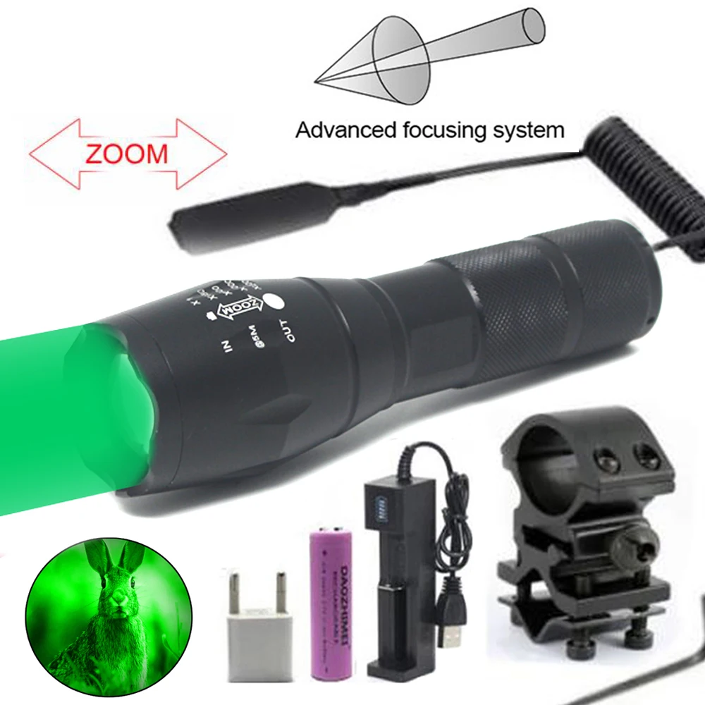 Powerful LED Flashlight IR Green Red White Light 18650 Lighting Zoom Hunting Tactical Lantern+Remote Pressure Switch+Mounts+box