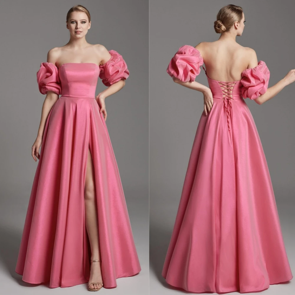 Customized Sparkle Exquisite Satin Ruched Engagement A-line Off-the-shoulder Bespoke Occasion Gown Long Dresses