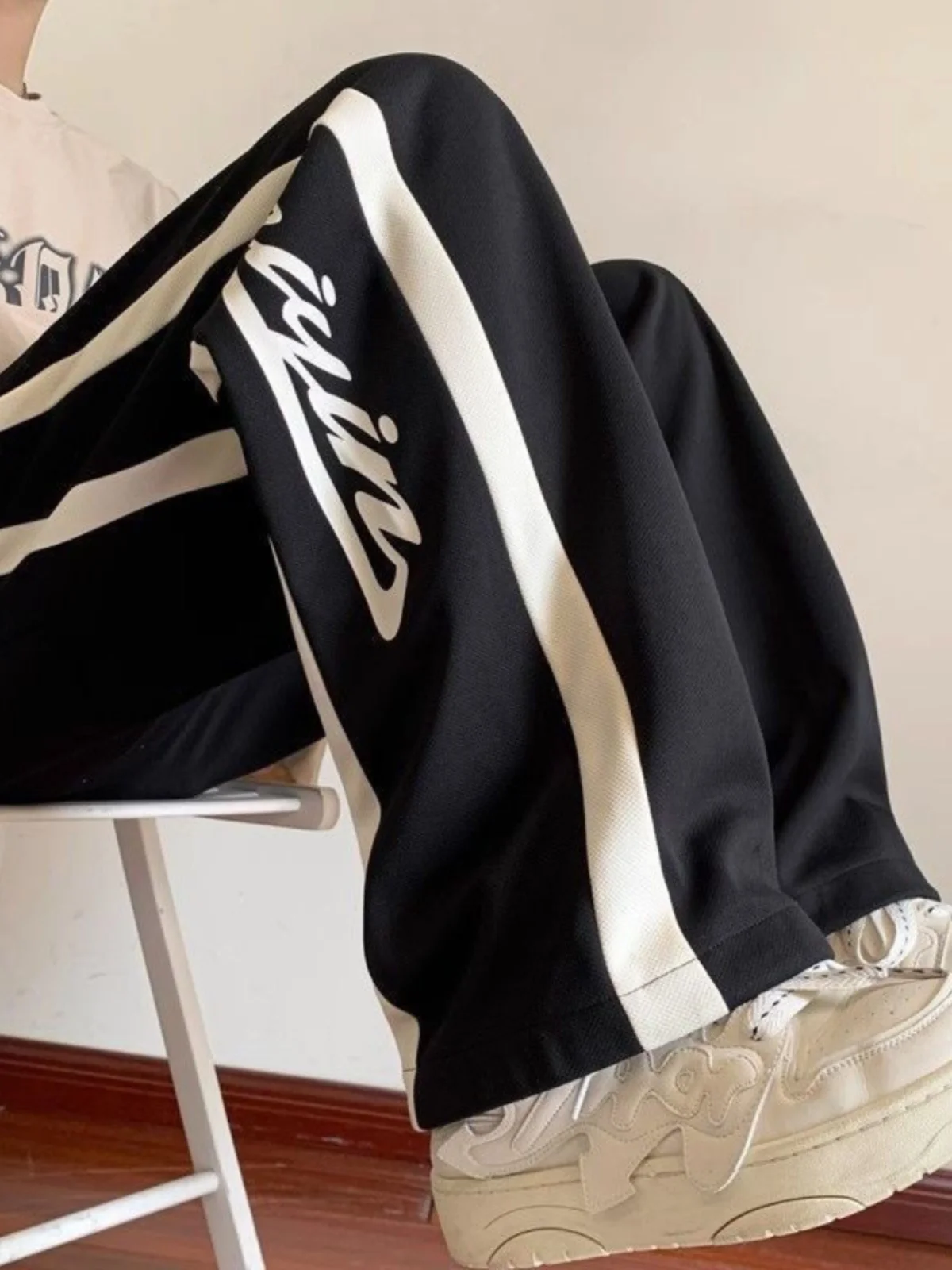 Loose Fit Summer Casual Pants Large Size 300 Pounds Thin Stripe Lettering Sports Style American Casual Breathable Long Trousers