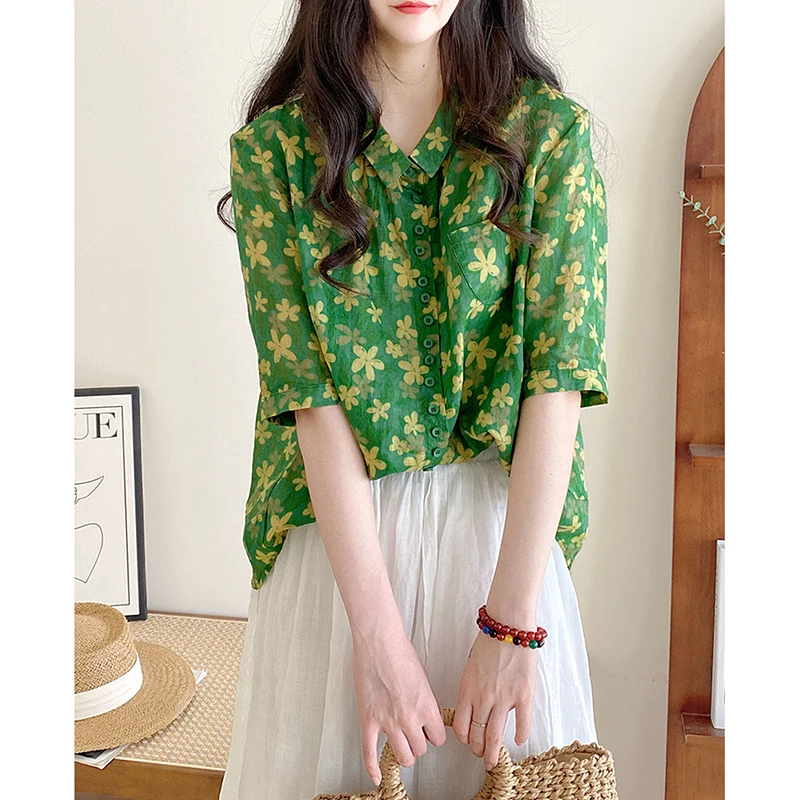 Vintage Printed Lapel Button Loose Floral Shirts Women\'s Clothing 2024 Summer New Oversized All-match Tops Office Lady Blouses