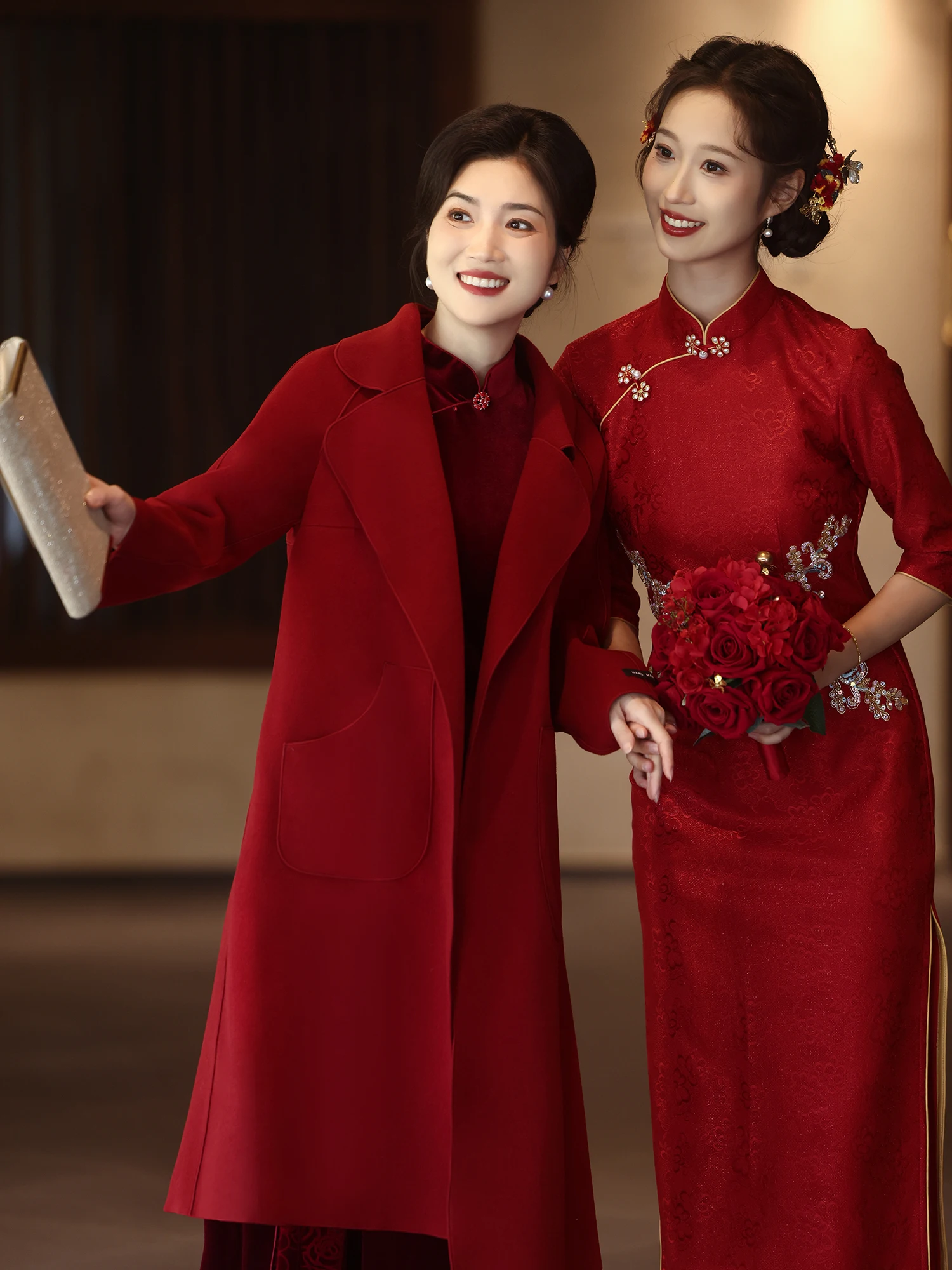 

Red Woolen Long Sve Coat for Women Ele Wedding Dr Outerwear for Mother of the Bride Autumn Winter Faion