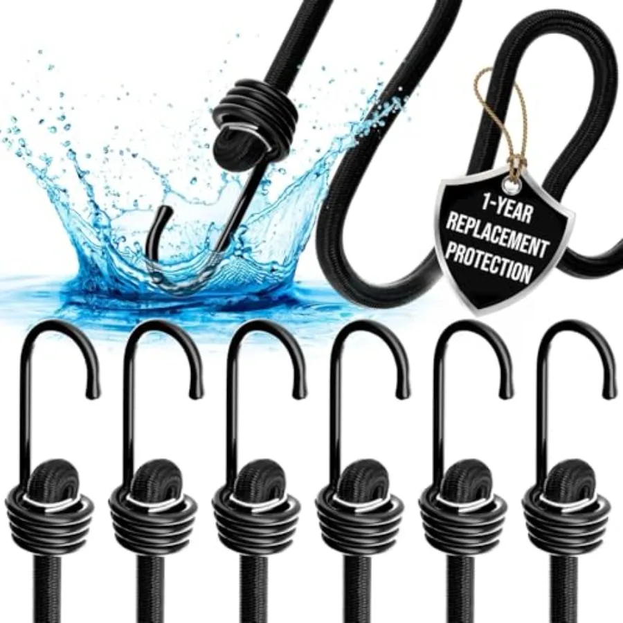 

Extra Long Bungee Cords with Hooks - Large Heavy Duty Outdoor Black Bungie Straps Set of 6 Pieces 72 Inch 6 Ft