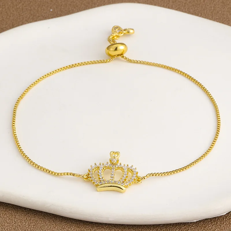 Trendige Zirkon-Krone, 18 Karat vergoldete Armbänder, feines Pavé-CZ-Goldkettenarmband, verstellbar, für Damen, klassischer Charm-Schmuck