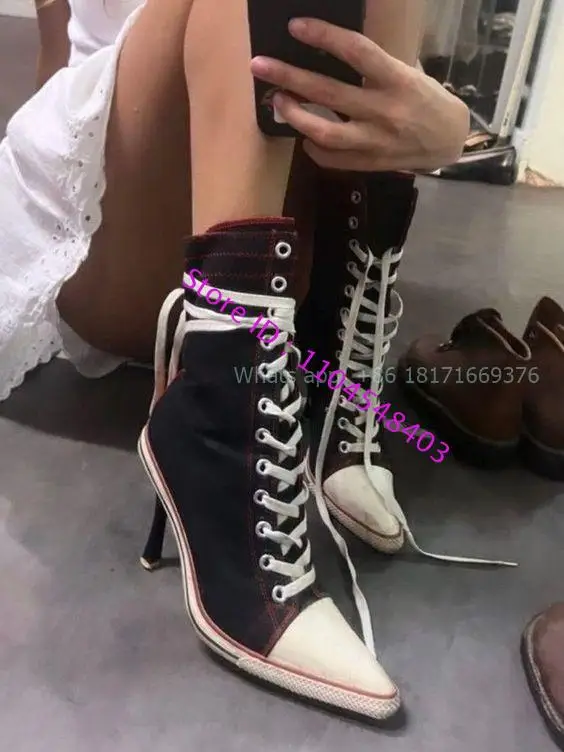 

Design Stiletto High Heel Canvas Boots Lady Lace Up Pointed Toe High Heel Sneakers Casual Ankle Women Lace Up Canvas Boots