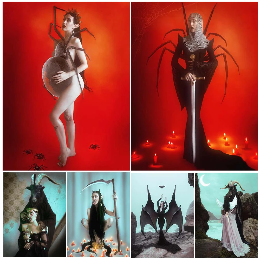 

Winter Banshee&Spider Swordsman Vintage Wall Art Canvas Painting Dark Witch And Goat Witchcraft Art Poster Print Home Decoration
