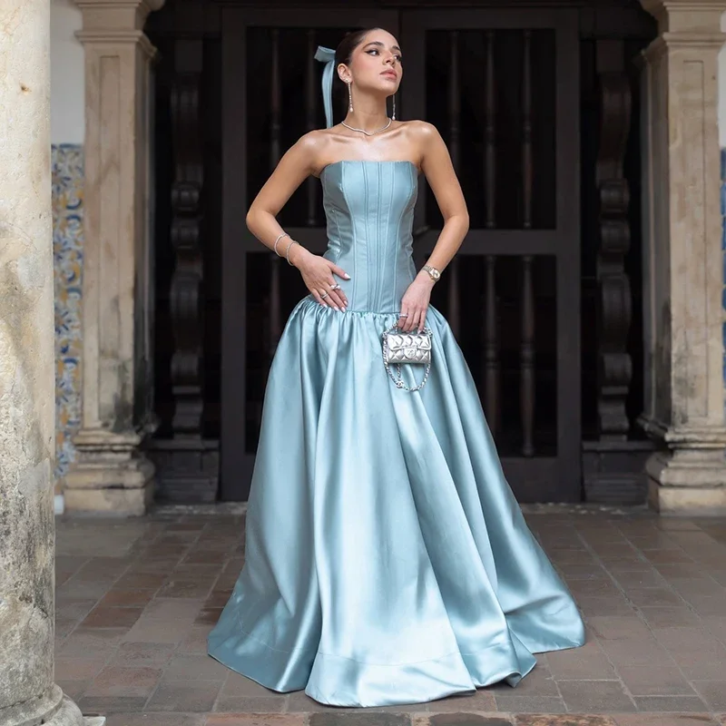 

Saudi elegant Strapless Evening Dresses , Zipper Clean-cut Satin Floor length A-line Party Dresses Gown Dresses