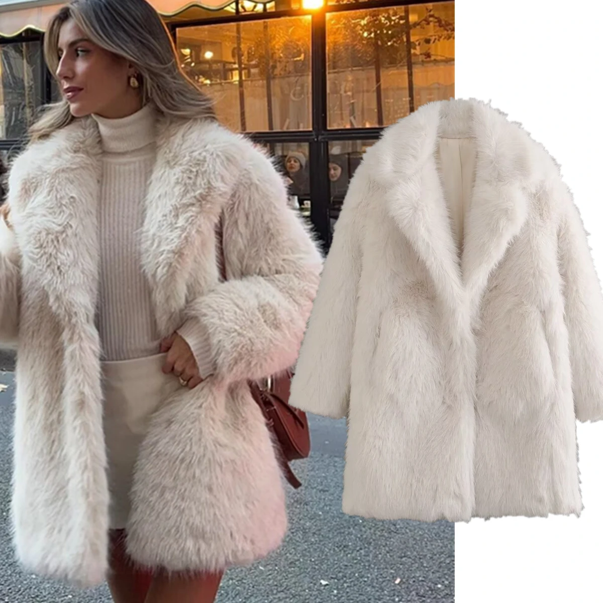 

Jenny&Dave Fashion Ladies Minimalist Faux Fur Winter Coat Elegant Beige Mid Length Trench Coat Women