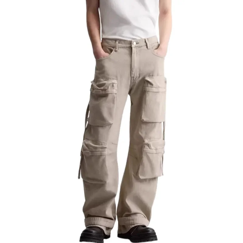 New Spring Autumn Men Multi Pocket Cargo Casual Pants Loose Washed Straight Leg Casual Trousers