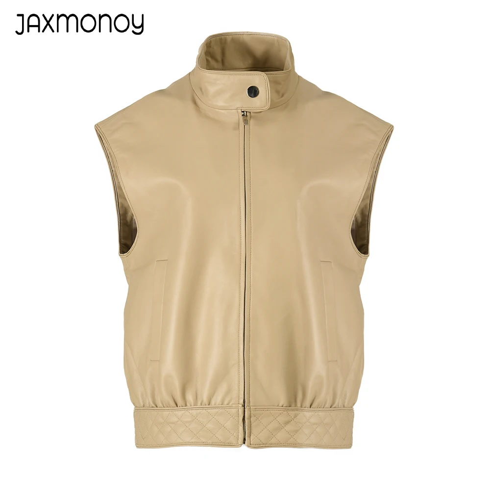 Jaxmonoy-chaqueta de cuero genuino para mujer, chaleco de piel de oveja con cremallera de alta calidad, a la moda, primavera y otoño