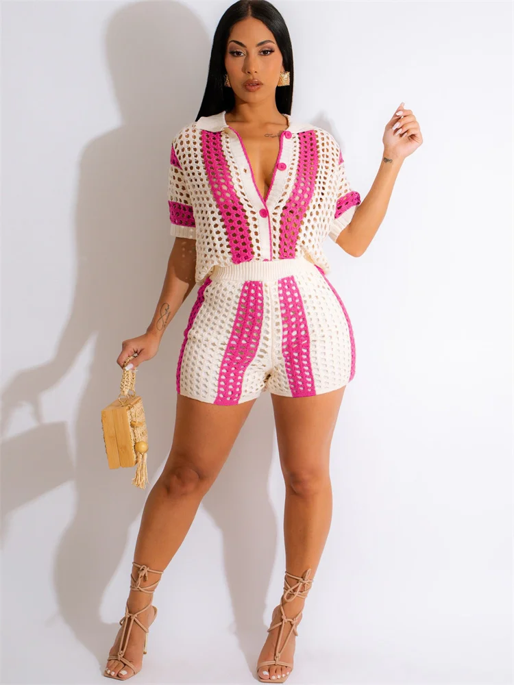 

TPJB New Single-breasted Turn-down Collar Hollowed Out See-through Lapel Knitted Outfit Shorts Suit Two Piece Sets Summer