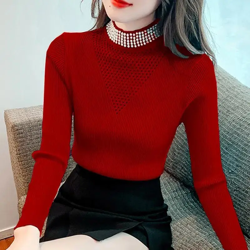 Autumn and Winter Women\'s Pullover High Neck Cutout with Diamonds Loose Fit Long Sleeve Sweater Knitted Bottom Fashion Tops