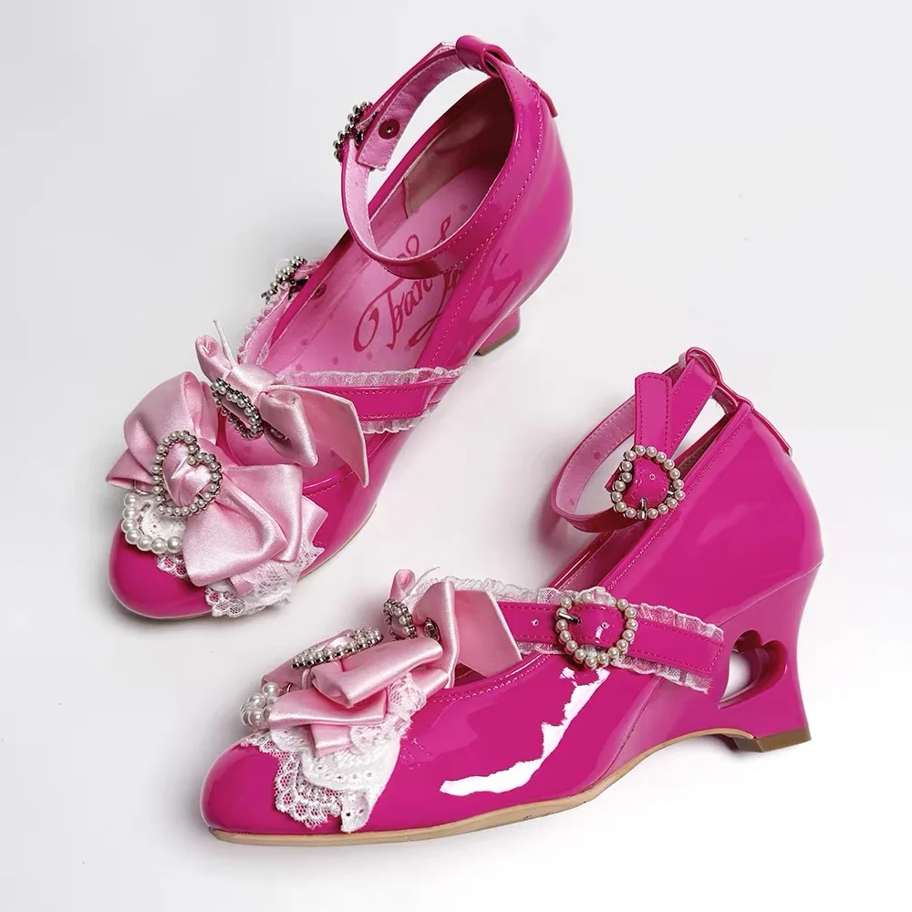 NONE Japanische rosa Schleife Liebe Ferse Sandalen Damen Oberbekleidung 2025, Sommer neue süße Lolita High Heel One-Wort Slipper Kawaii Mädchen Schuh 4
