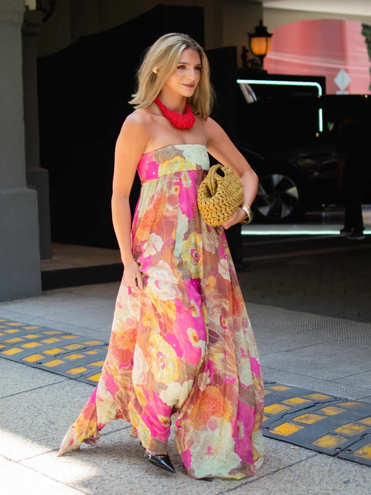 

Chic High Waist Print Strapless Maxi Dress Women Casual Sleeveless Off Shoulder Pleated Long Dresses Summer Lady Holiday Robes