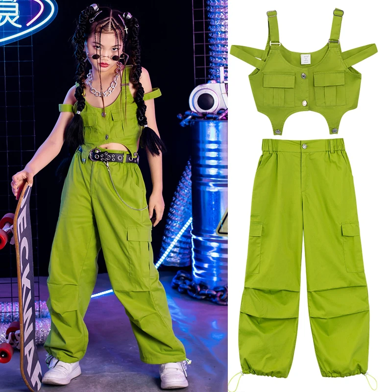 

Children'S Ballroom Dance Clothes For Girls Jazz Dance Costumes Hiphop Green Suit Group Kpop Outfit Kids Street Dancewear XS7981