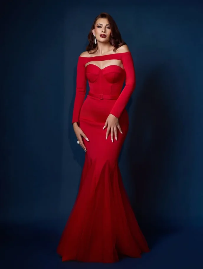 Robes formelles de soirée saoudiennes sirène rouge chaud avec manches longues Wrap queue de poisson chérie robe de gala de bal Jersey sur mesure sur mesure