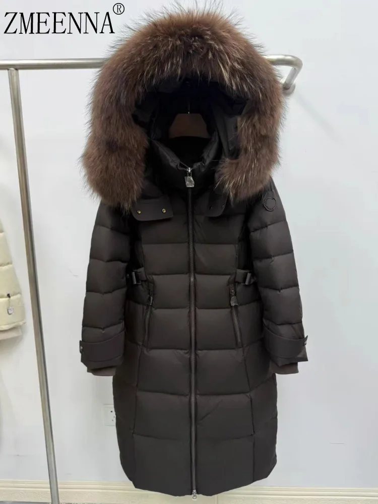

ZMEENNA женское длинное пуховое пальто-пуховик с отделкой из натурального меха и капюшоном, парка в полный рост, зимняя куртка с поясом, теплая верхняя одежда ZM4325