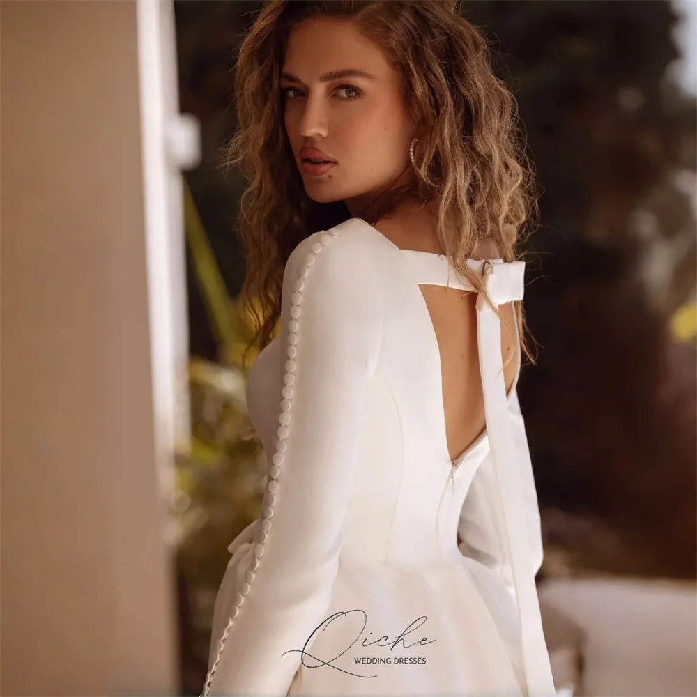 QICHE Modern V-Neck Satin Short Wedding Dress Women 2026 Long Sleeves Buttons Open Back Belt Mini Formal Party Gown Customized