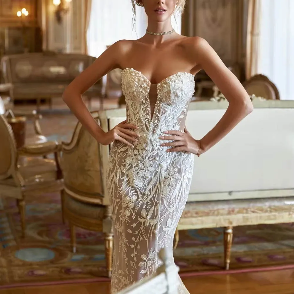 カスタマイズされたベル取り外し可能なトレインマーメイドウェディングドレスセクシーな恋人ローブレースアップリケグリッターパール Vestido ブライダルガウン