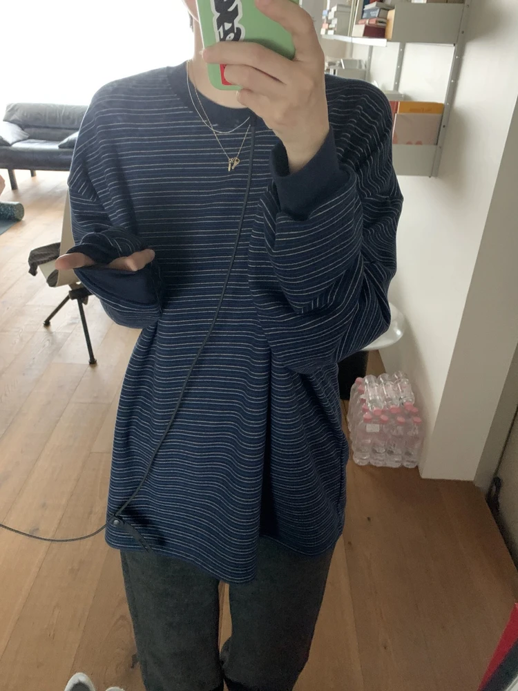 

Loose Long Sve Women's T-irt Soft Skin-friendly round Ne Casual Striped Casual Sle Faionable for Young Girls