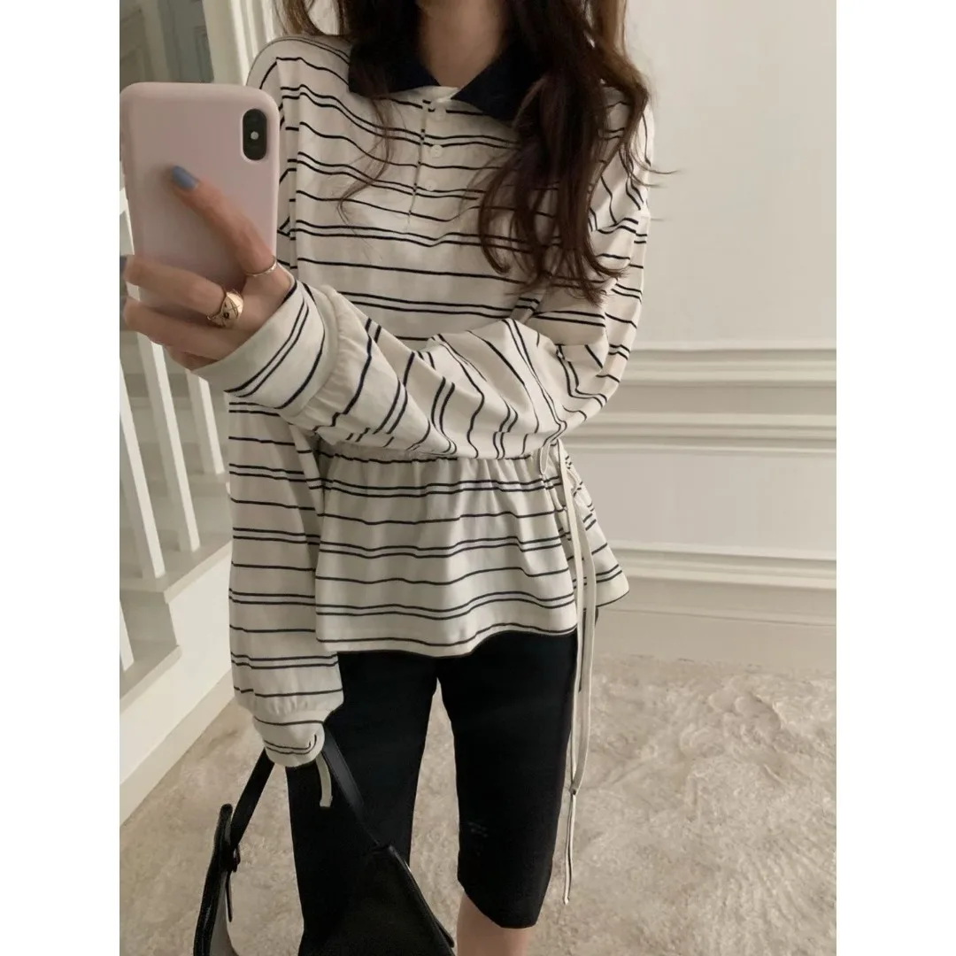 East Gate Inizio autunno pigro casual Faion design a righe con cintura in vita Ne T-shirt da donna Primavera Estate Autunno Inverno