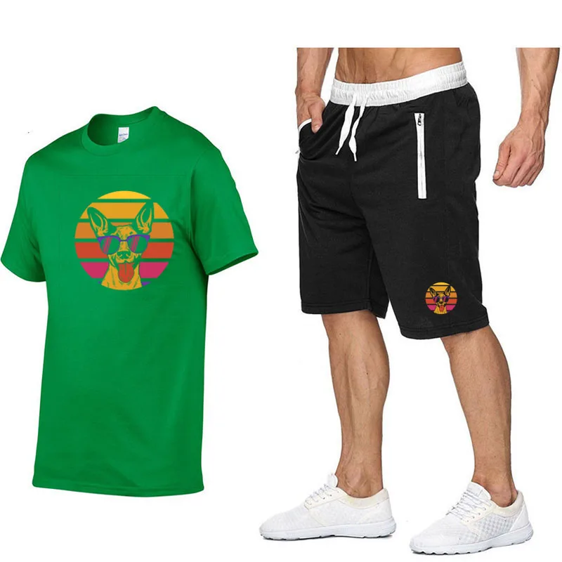 Summer Cotton Shorts Set Men Two Piece Mens Outfits Cotton Printed Tshirt Shorts 2 Piece Set Gym Sport Suits Fitness Sportswear