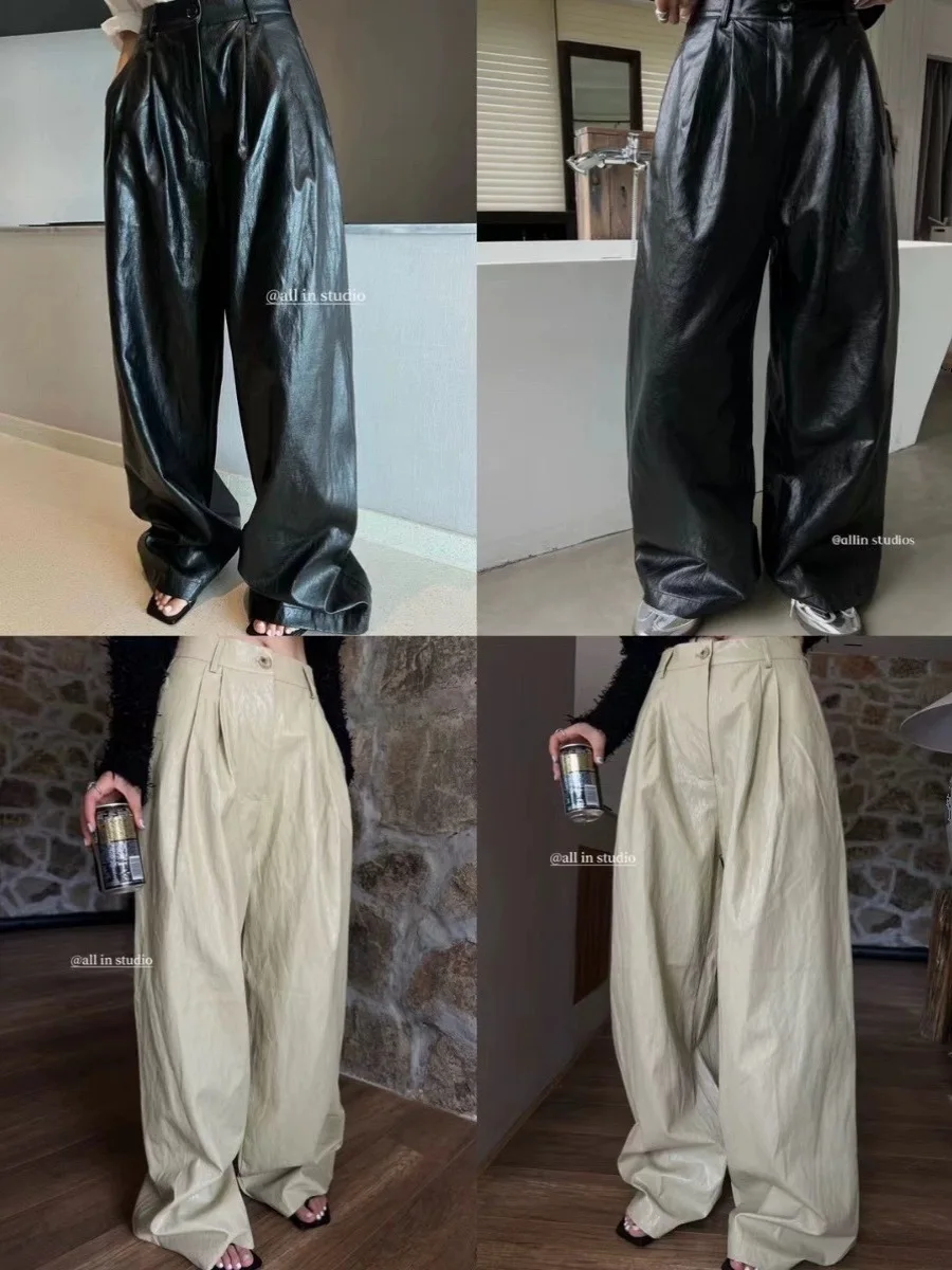 2024Luxury Designer famous High quality drawstring wide leg pants for Men sexy coiol male pu leather trousers