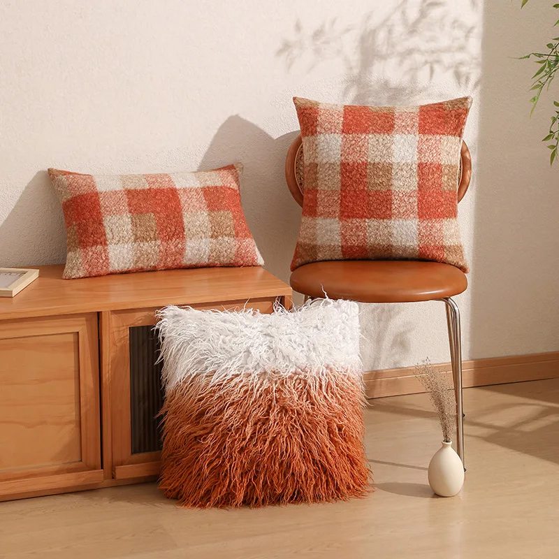 

Nordic Orange Brown Plaid Plush Pillowcase Soft Woolen Cushion Cover Living Room Bedroom Decorative Cushions for Sofa