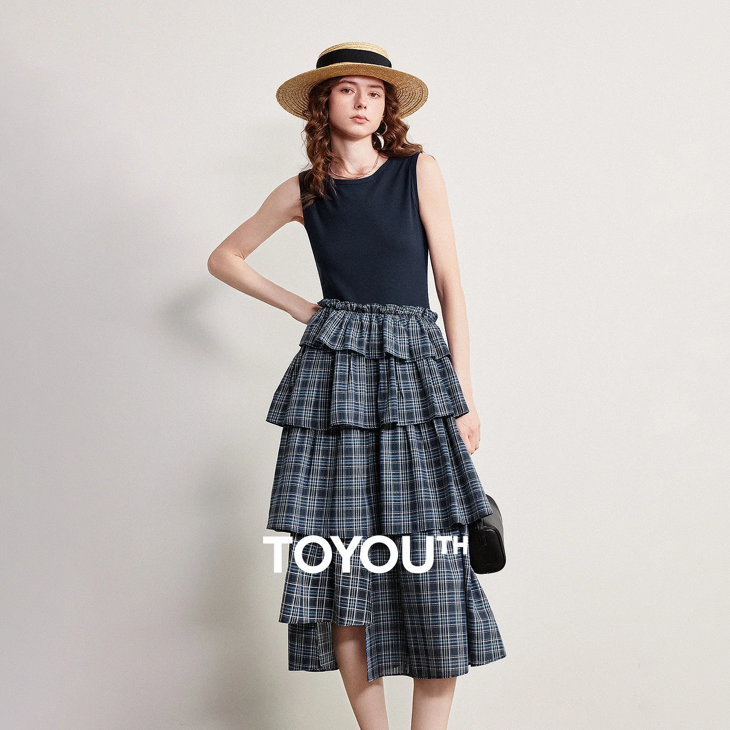 TOYOUTH Women Dress 2026 Spring New Splicing Plaid Slim Fit Soft and Flowing Mid Length Cake Skirt