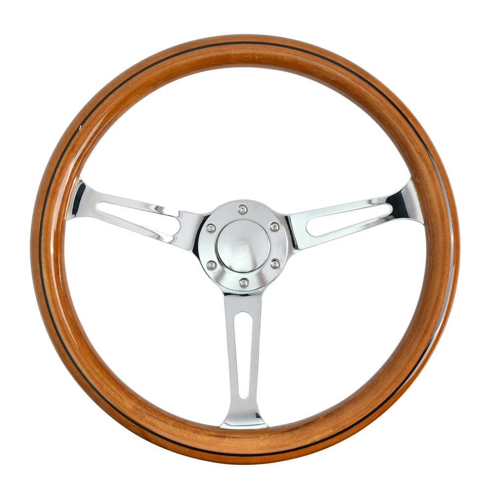 

Nostalgic Style 380mm Wood Grain Racing Steering Wheel Vintage Plated Spokes 6-Bolt Steering Wheel with Horn Buttons