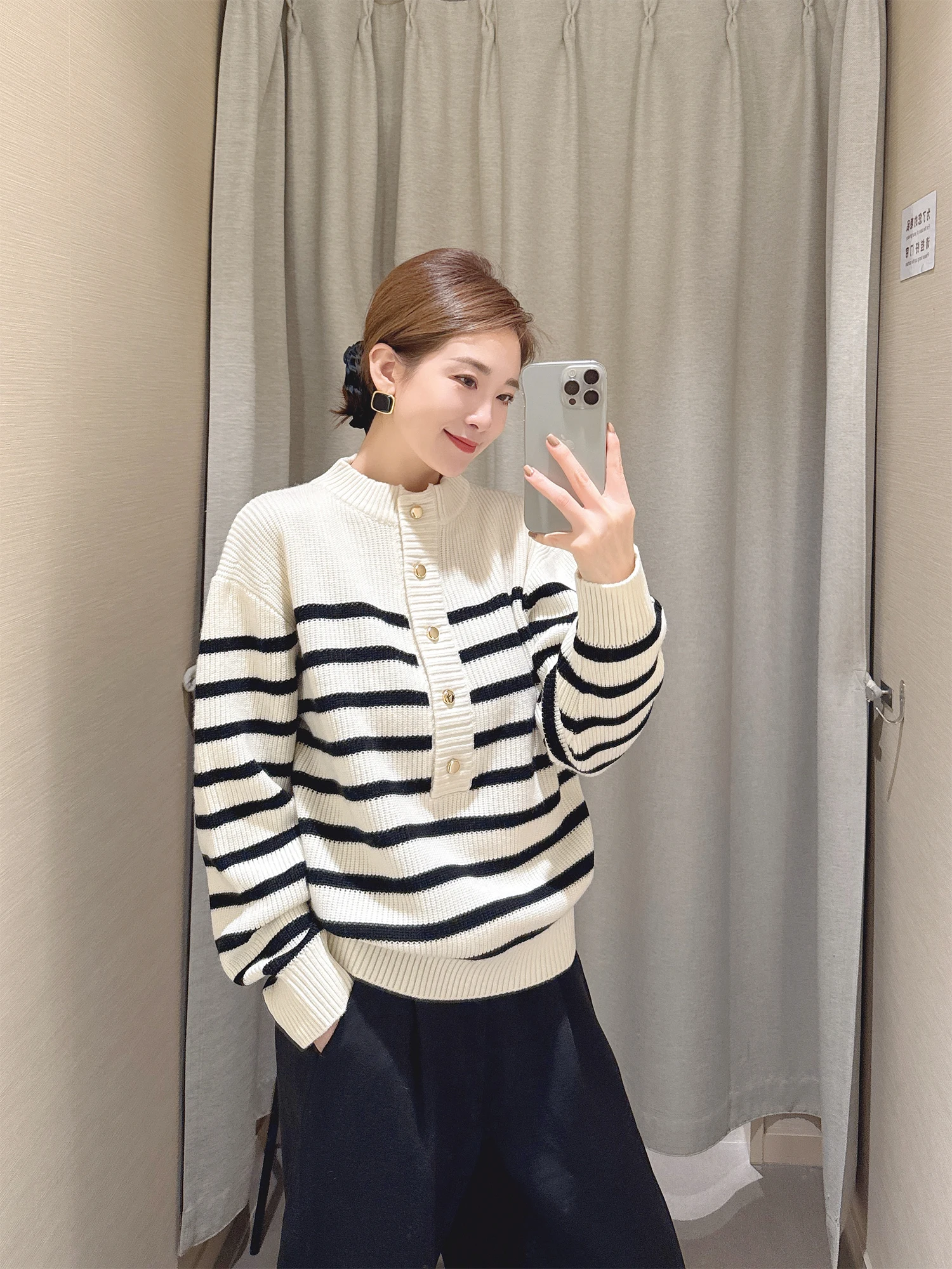 

Winter 2025 Women's Loose Fit f Zip Knitwear Camere Wool Henry Collar Sweater Versatile mat Sle Thermal Long Sl...