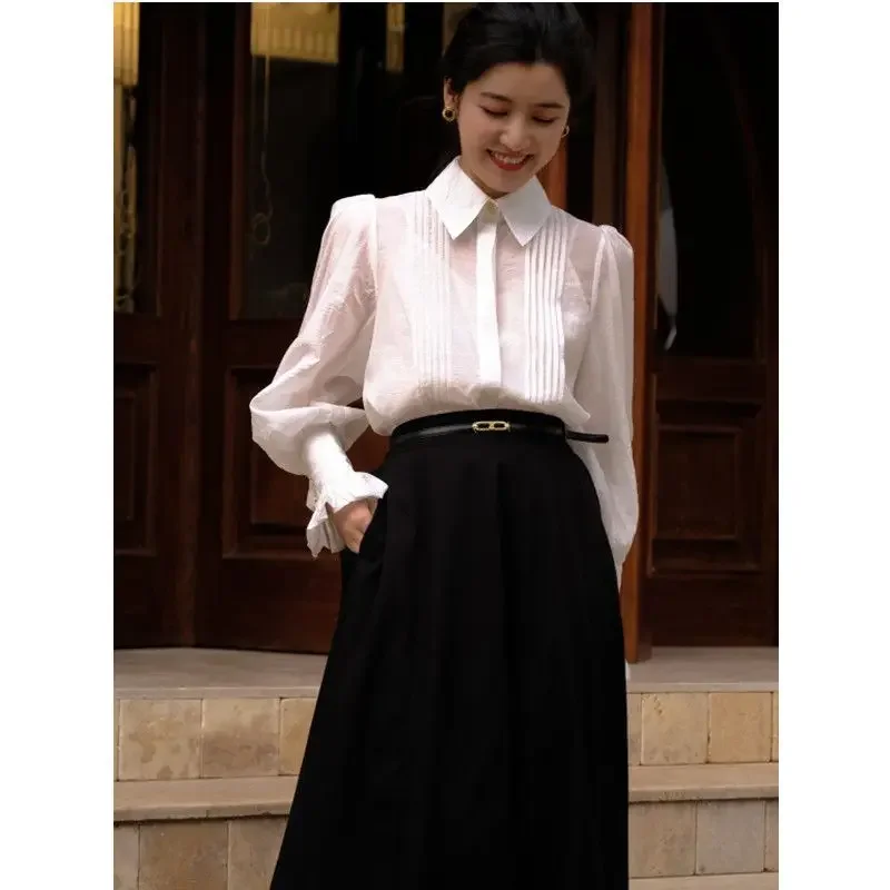 Autumn Women Lapel Collar Lace Chiffon Blouse Shirt Tops Long Sleeve Blouses Women Blusas Mujer De Moda 2024 Blouses Female E151