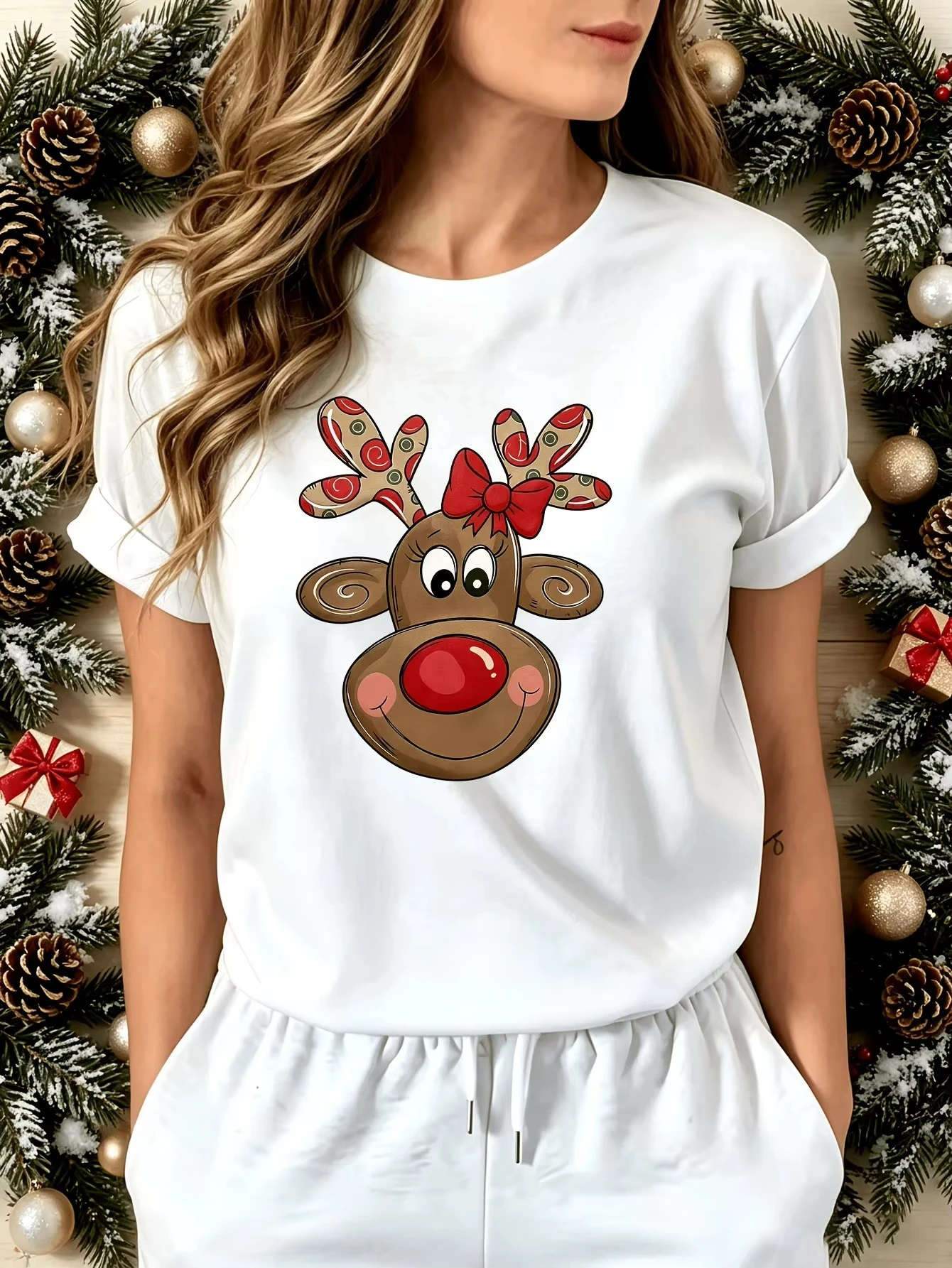 Cute Christmas Reindeer Red Bow Red Nose Cartoon Art Print Graphic Lady Tee Short Sleeve Crew Neck Casual Tee Top Free Delivery