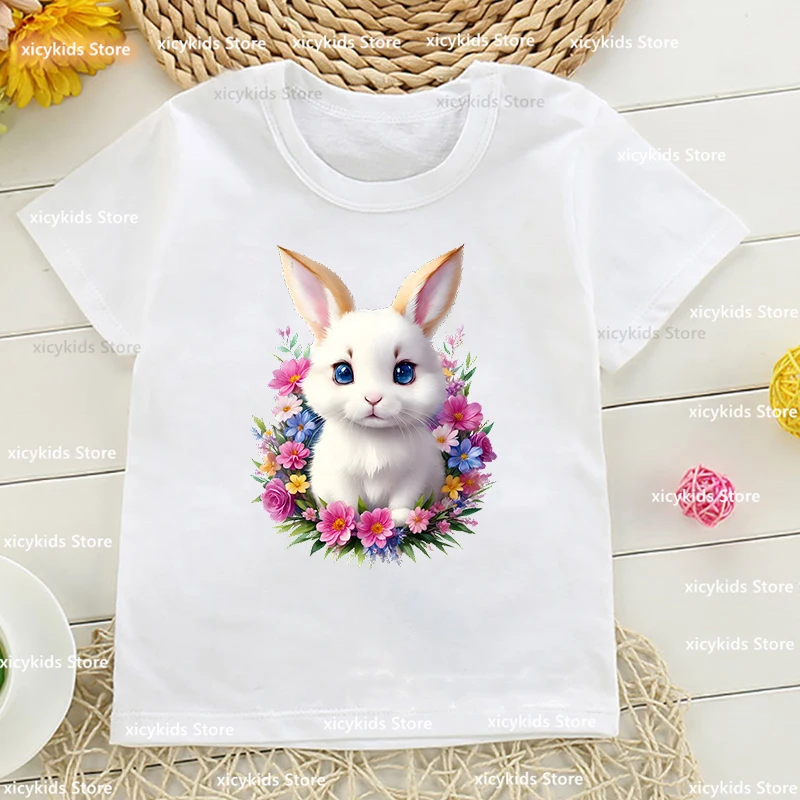 

Fashion New Girls T-Shirt Lovely Flowers And Rabbit Cartoon Printed Children Tshirt Summer Aesthetic Girls Clothing dropshipping