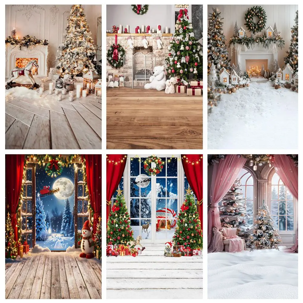 

Christmas Backdrop Photography Fireplace Xmas Tree Snow Wood Floor Baby Kids Portrait Photocall Background Decor Photo Studio