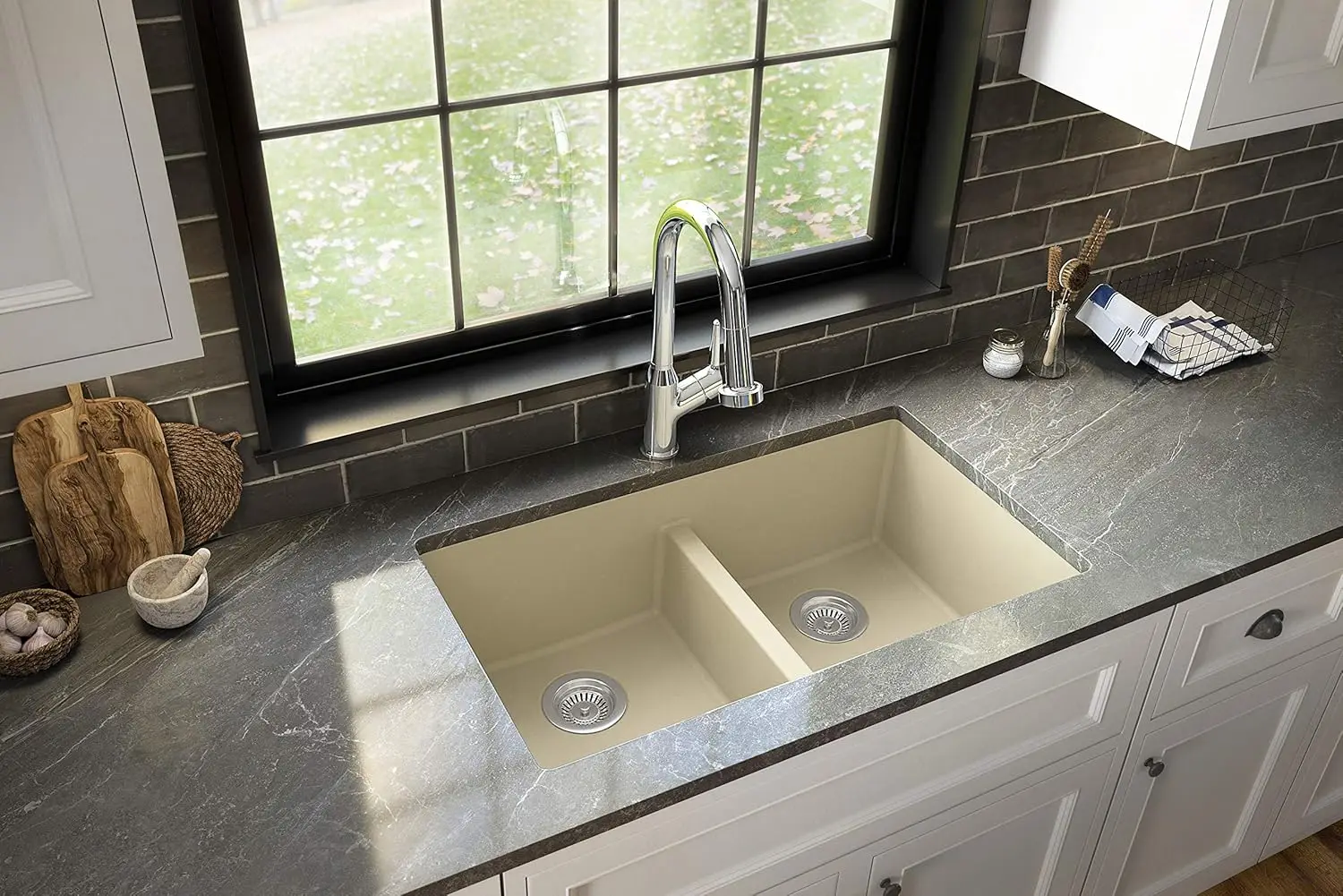 The quartz composite material has a matte surface finish that is naturally hygienic, and simple to clean with soap and water.