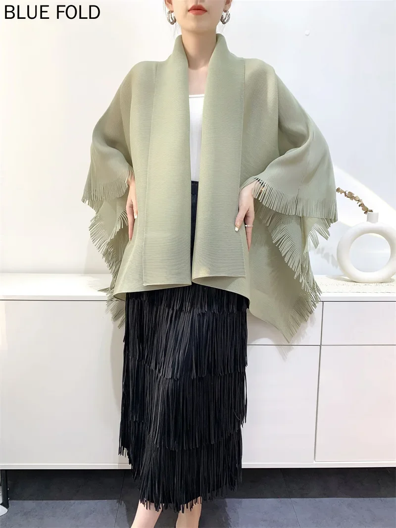 MIYAKE PLEATS Casaco Femini Spring and Autumn Cardigan Shawl Tassel Coat Women's Loose Large Size Comfortable Casual Pleated Top