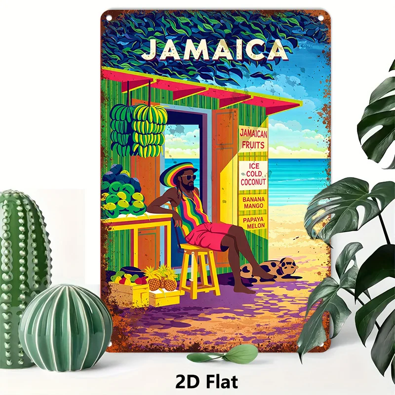 2D Flat, 1pc Jamaica Tropical Fruits Tinplate Painting Wall Art for Living Room Bedroom Hallway Kitchen Decoration Gift for Him