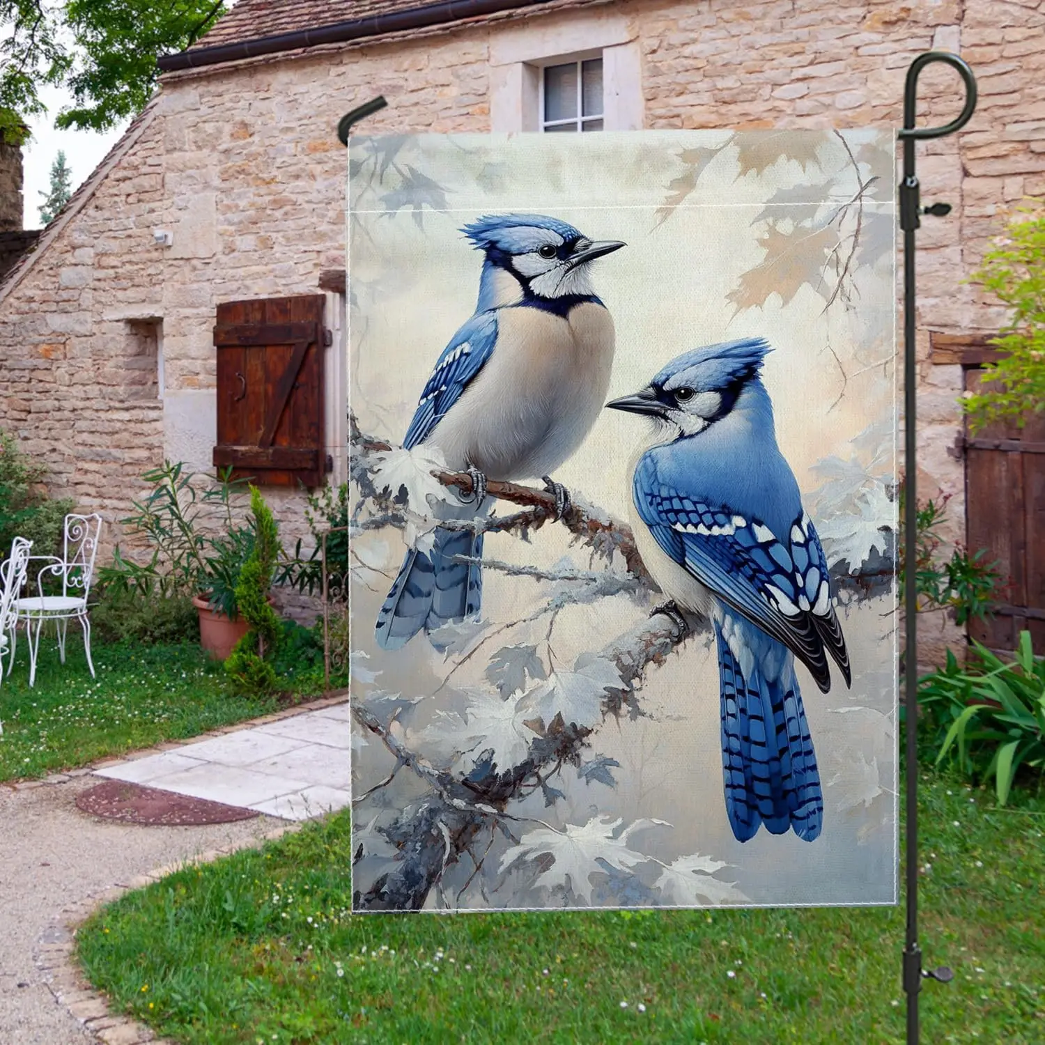 Blue Jay Birds Garden Flag, Two Blue Jays Fall Decor Outdoor Burlap Yard Flags, Double Sided Nature Home Decoration for Lawn zzo