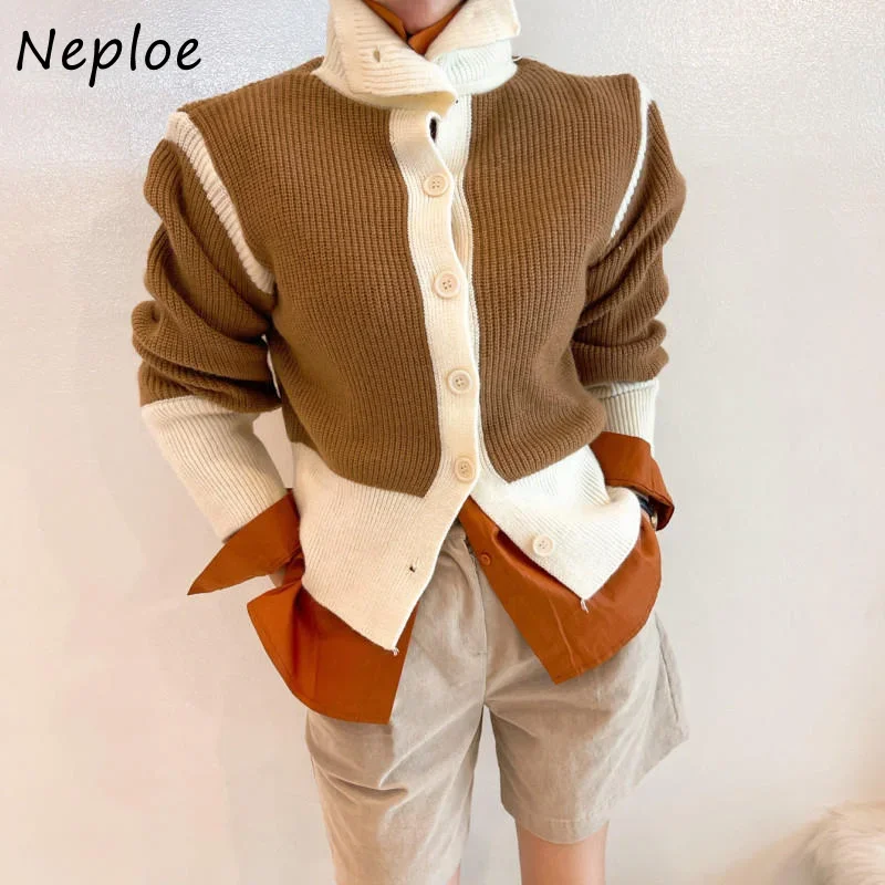 Neploe Turtleneck Contrast Color Patchwork Outerwear Single-breasted Slim Sweater Women Autumn Winter Cardigan Korea Style