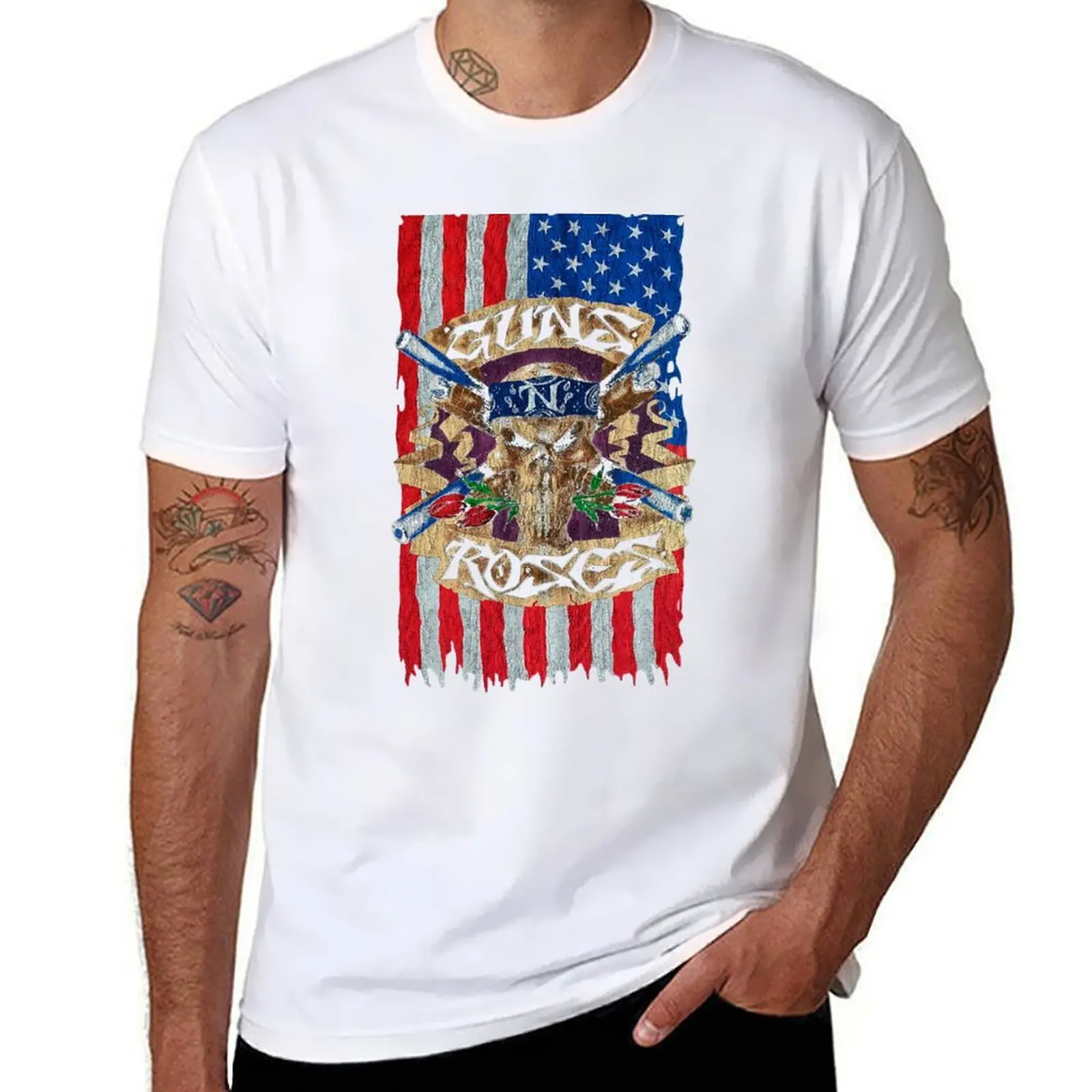 

Roses Skull American Flag Rock Music T-Shirt t shirts for man cotton funny t shirts designer T-Shirt