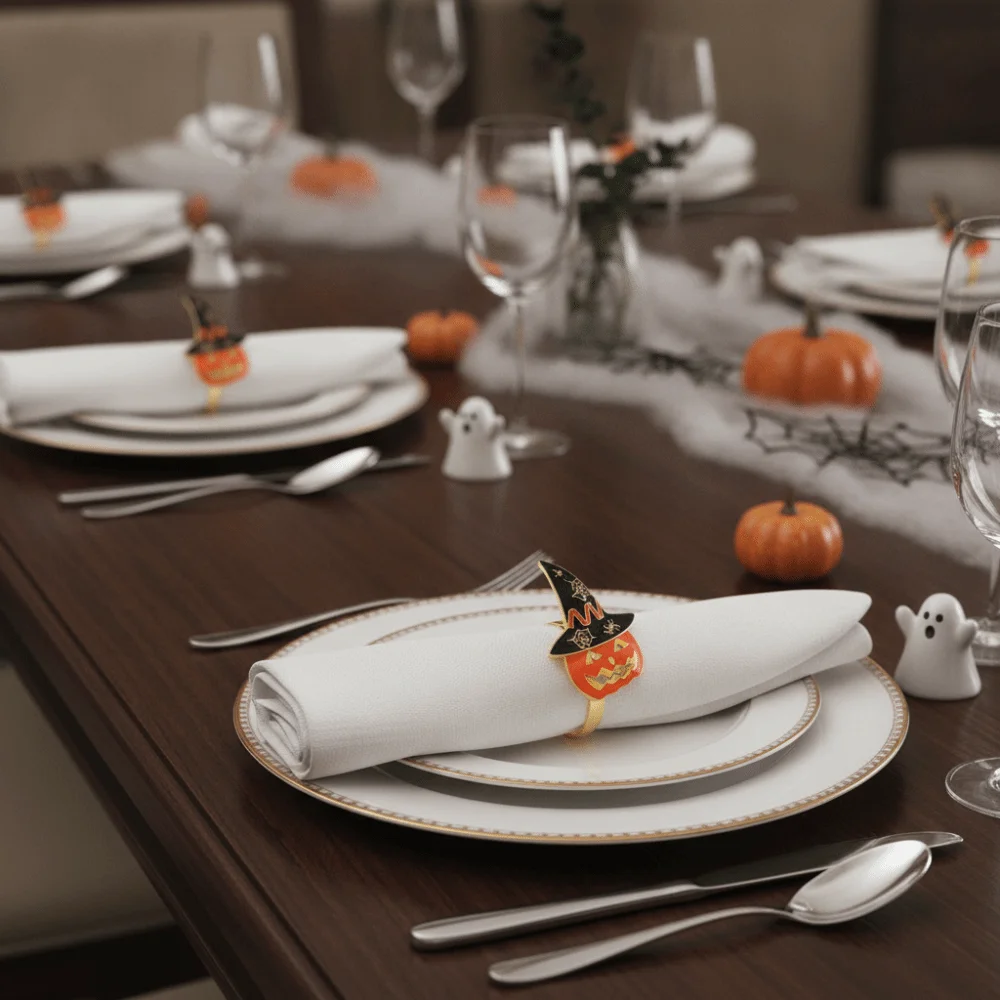 6pcs Enamel Metal Pumpkin Napkin Ring Smooth Edge Durable Base Witch Hat Buckle Waterproof Vibrant Orange Halloween Table Decor