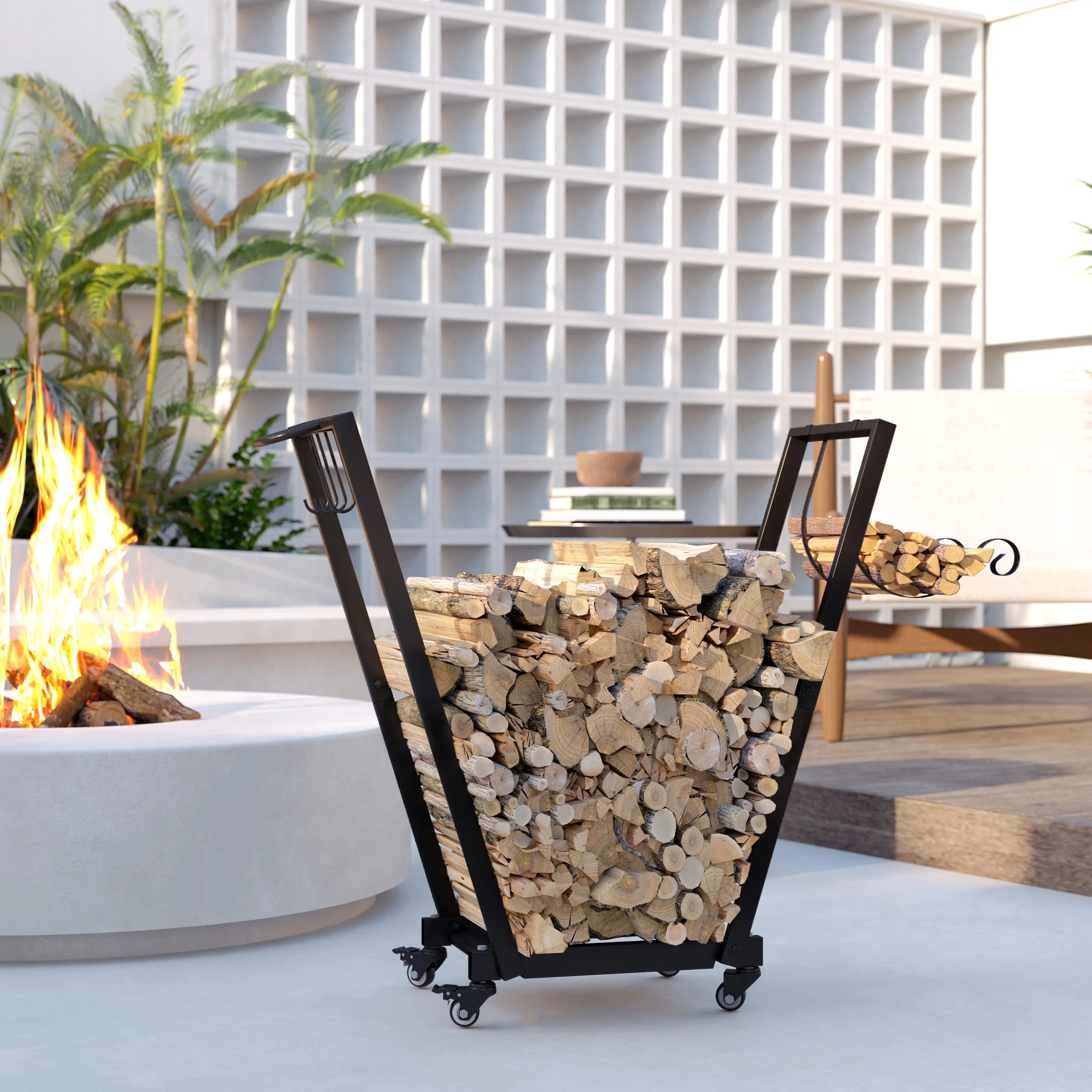 31inch Outdoor Firewood Rack, Metal Firewood Holder with Wheels and Hooks